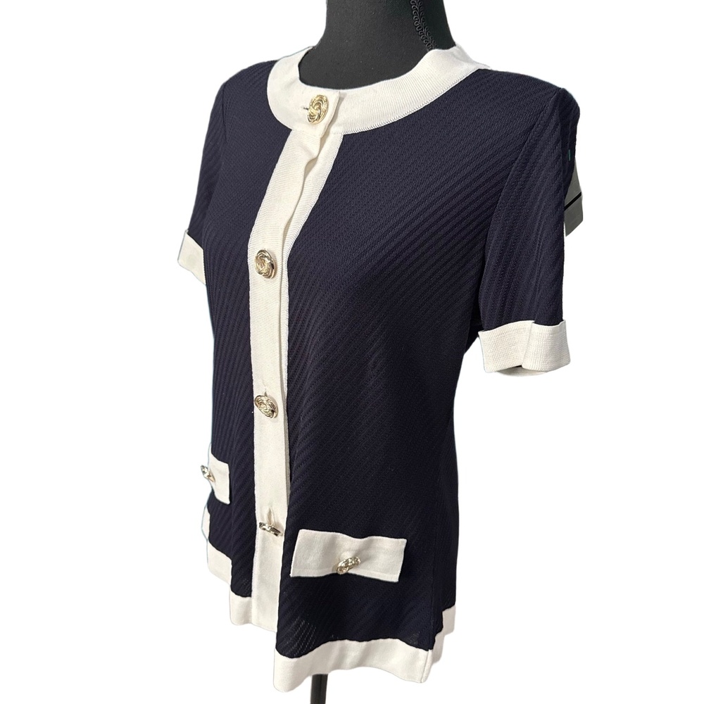 Misook NWOT Women’s Short Sleeve Cardigan in Navy|White-Size Small - Picture 5 of 10